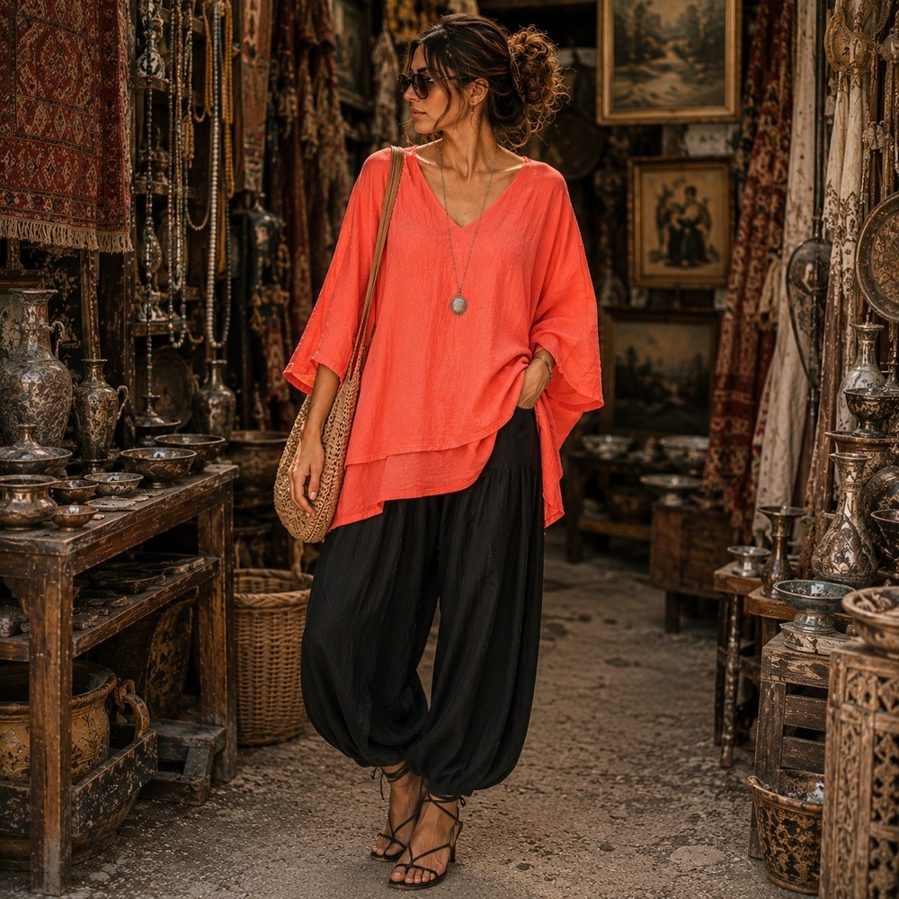 La Fixsun Womens 2X Coral Orange 100% Linen V-Neck Handkerchief Hem Tunic Top